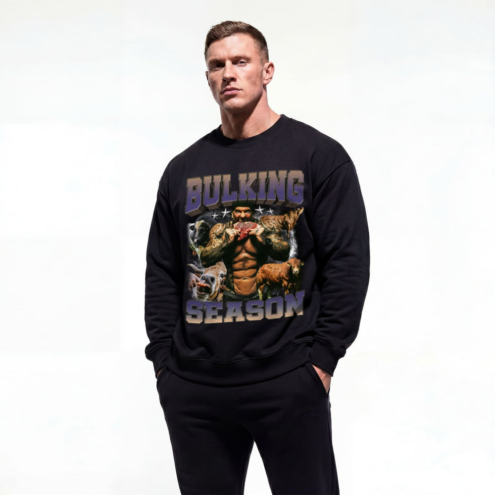 Model wearing Rich Piana Bulking Season bodybuilding pump cover crewneck showing front graphic print