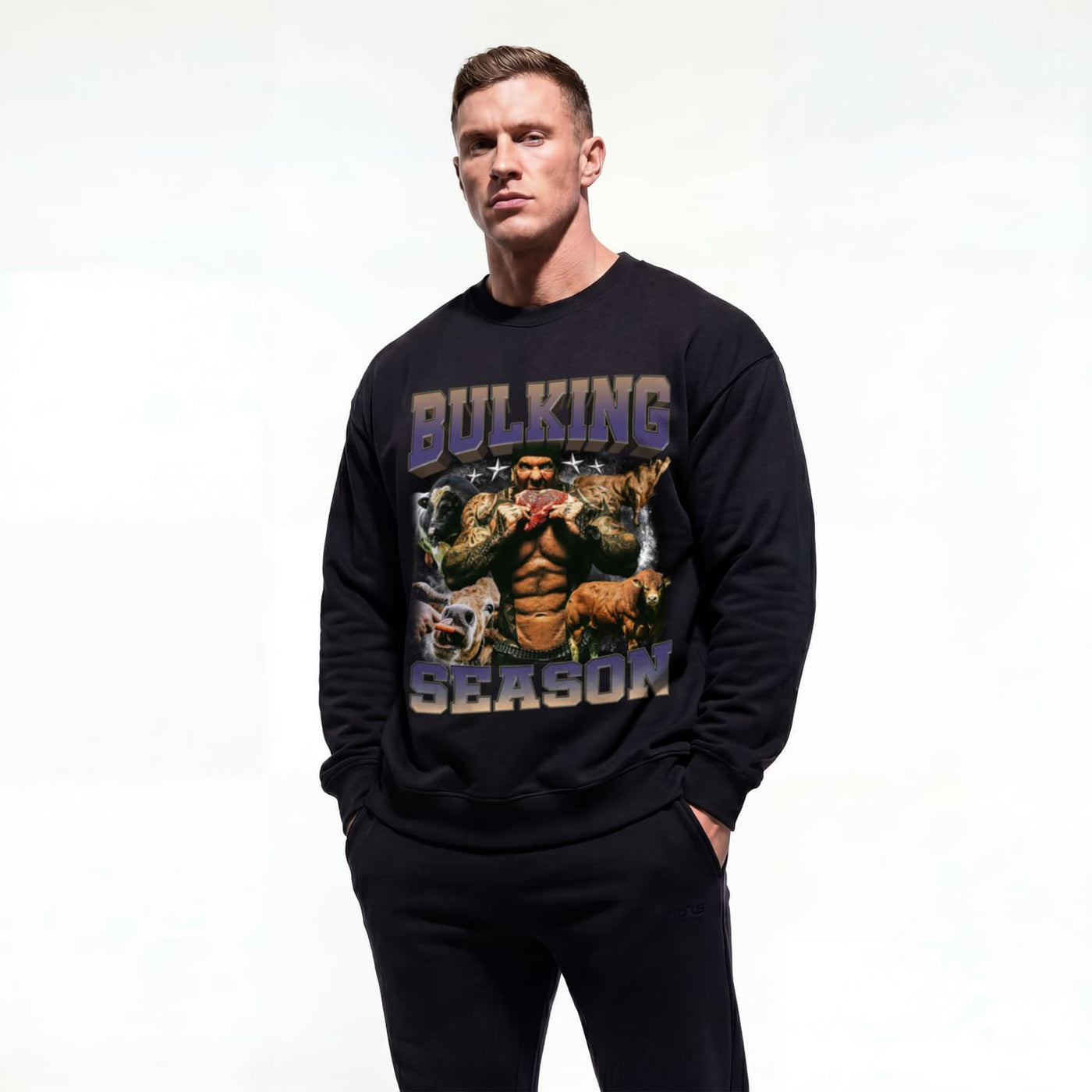 Model wearing Rich Piana Bulking Season bodybuilding pump cover crewneck showing front graphic print