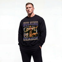 Model wearing Rich Piana Bulking Season bodybuilding pump cover crewneck showing front graphic print