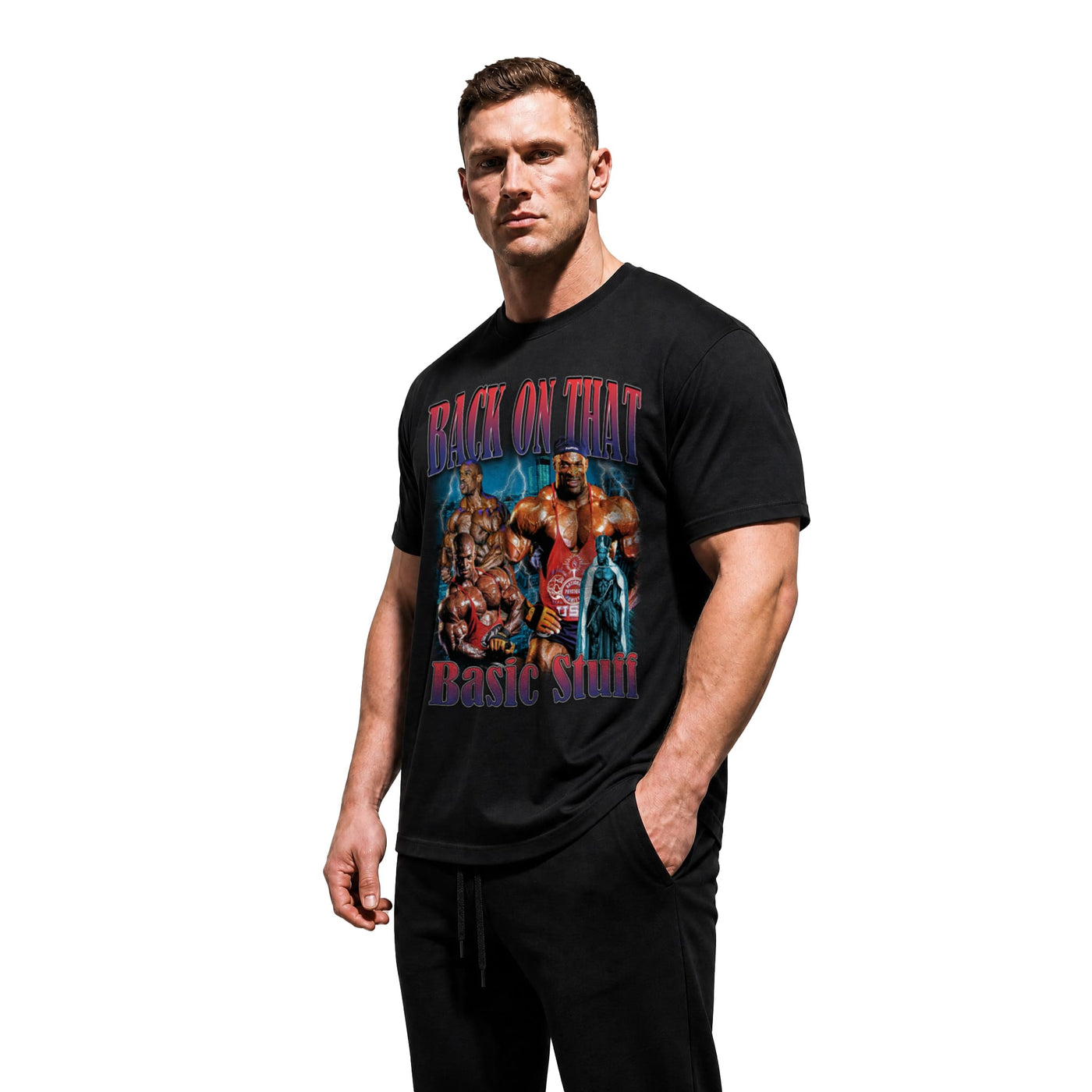 Model wearing Most Natty Back On That Basic Stuff bodybuilding t-shirt showing front graphic print