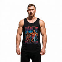 Model wearing Most Natty Back On That Basic Stuff bodybuilding tank top showing relaxed standard fit