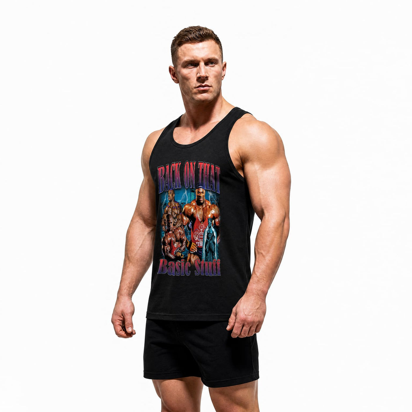 Model wearing Most Natty Back On That Basic Stuff bodybuilding tank top showing front graphic print