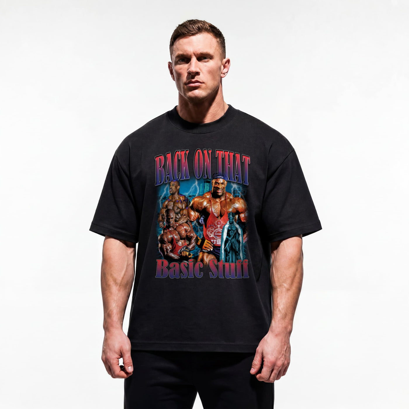 Model wearing Most Natty Back On That Basic Stuff bodybuilding oversized t-shirt featuring Ronnie Coleman and showing relaxed drop-shoulder