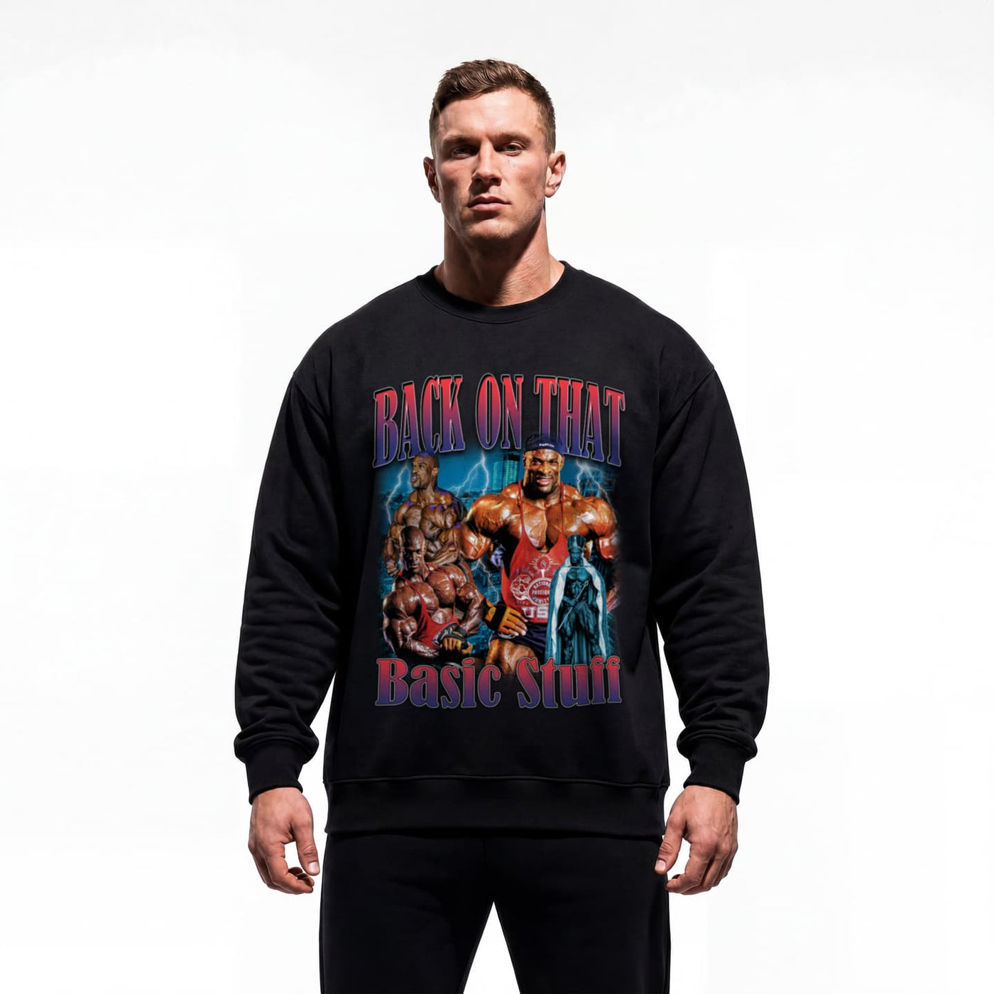 Model wearing Ronnie Coleman Back On That Basic Stuff bodybuilding pump cover crewneck showing relaxed fit
