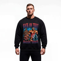 Model wearing Ronnie Coleman Back On That Basic Stuff bodybuilding pump cover crewneck showing relaxed fit