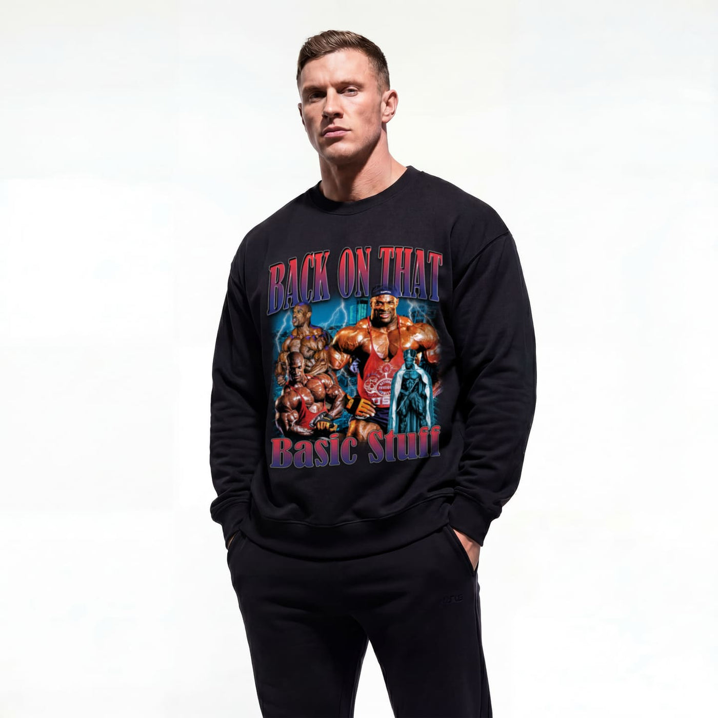 Model wearing Ronnie Coleman Back On That Basic Stuff bodybuilding pump cover crewneck showing front graphic print