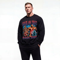 Model wearing Ronnie Coleman Back On That Basic Stuff bodybuilding pump cover crewneck showing front graphic print