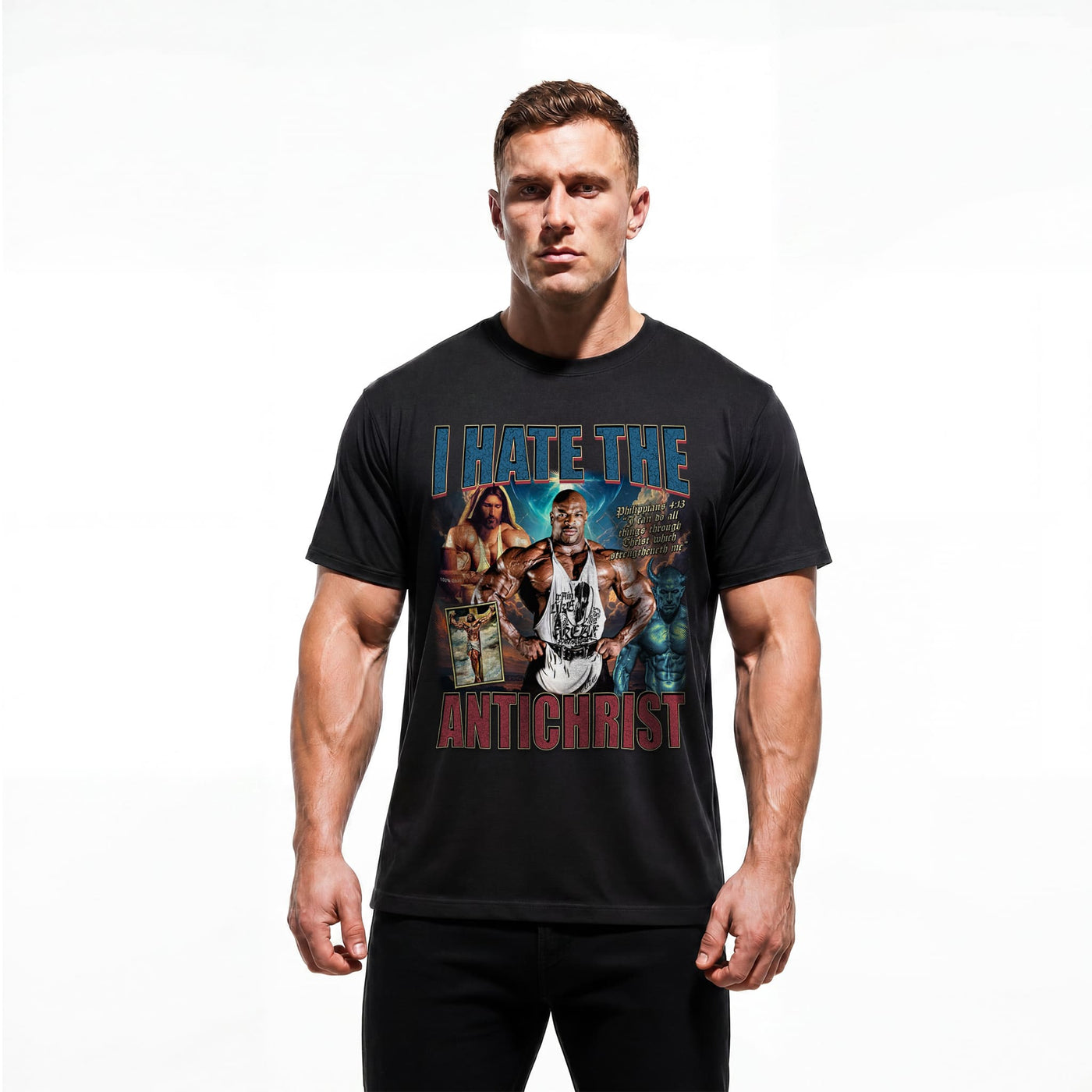 Model wearing Most Natty I Hate the Antichrist Ronnie Coleman bodybuilding t-shirt showing relaxed classic fit