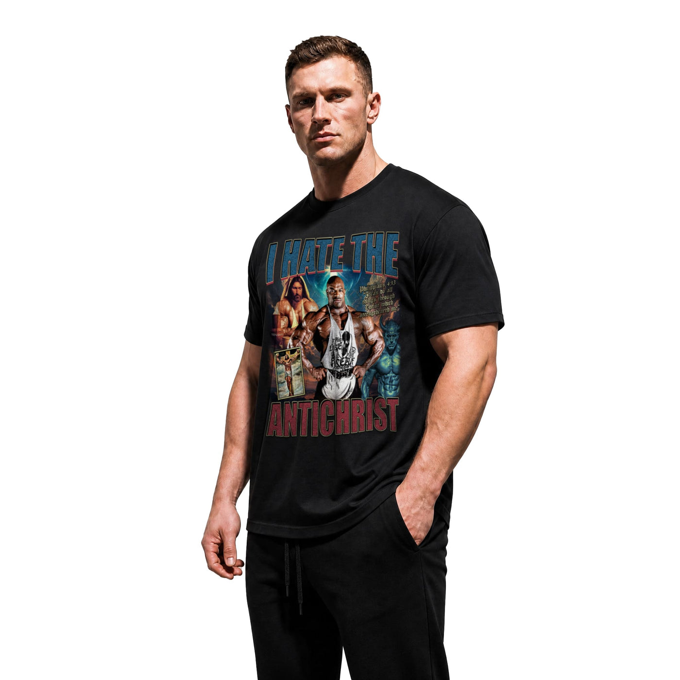 Model wearing Most Natty I Hate the Antichrist Ronnie Coleman bodybuilding t-shirt showing front graphic print