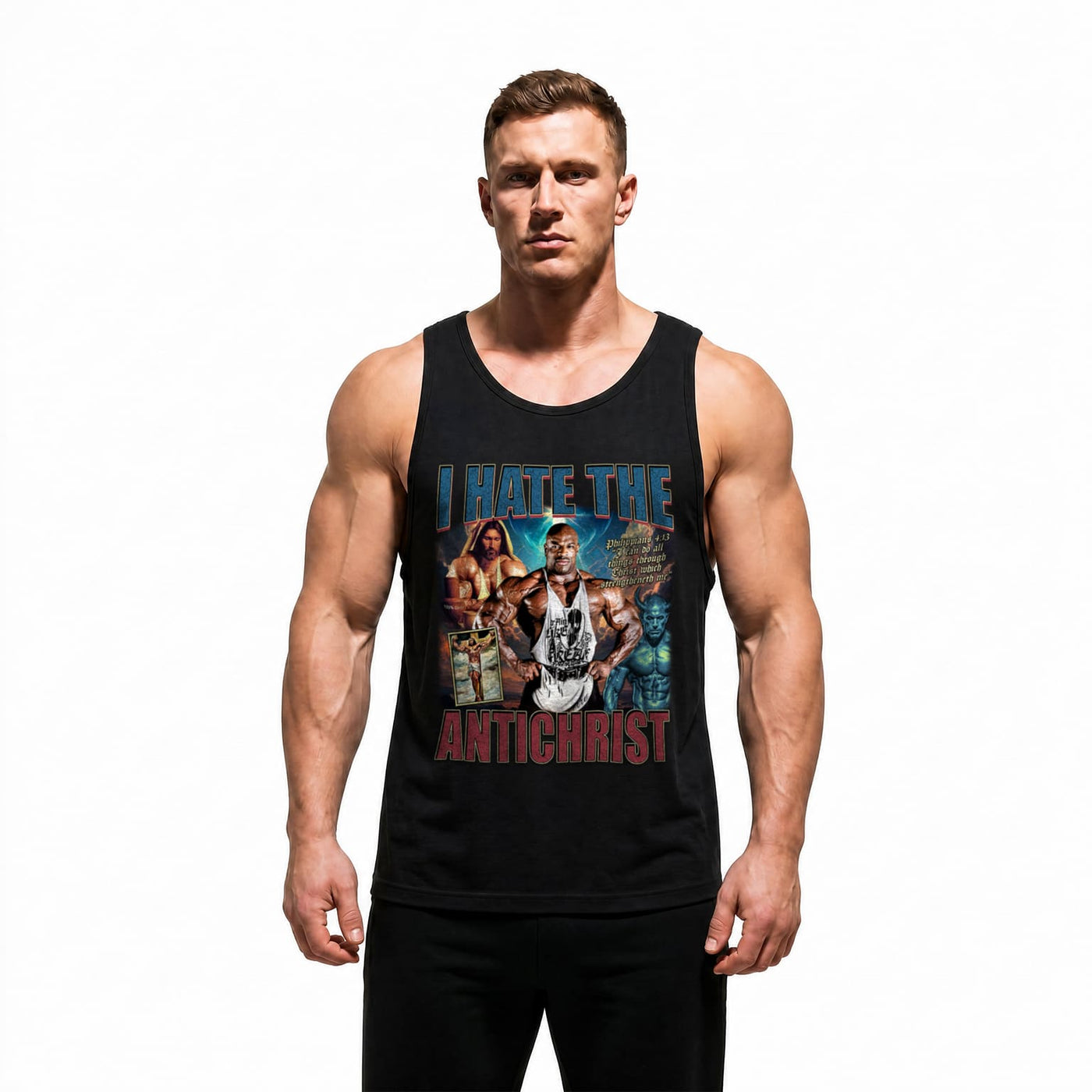 Model wearing Most Natty I Hate the Antichrist Ronnie Coleman bodybuilding tank top showing relaxed standard fit