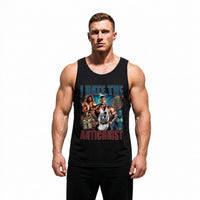 Model wearing Most Natty I Hate the Antichrist Ronnie Coleman bodybuilding tank top showing relaxed standard fit