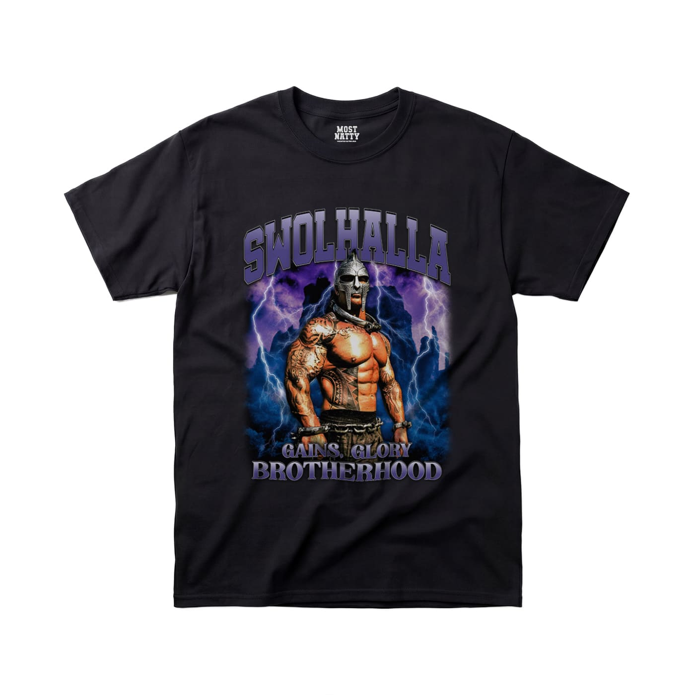 Most Natty Swolhalla gym t-shirt front flat lay on white background