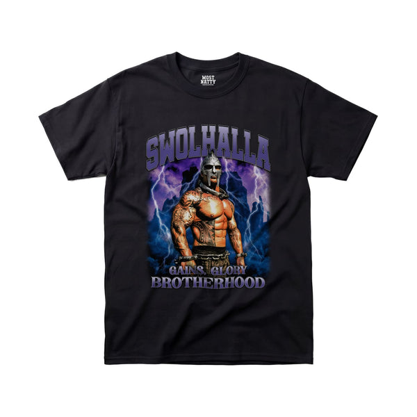 Most Natty Swolhalla gym t-shirt front flat lay on white background