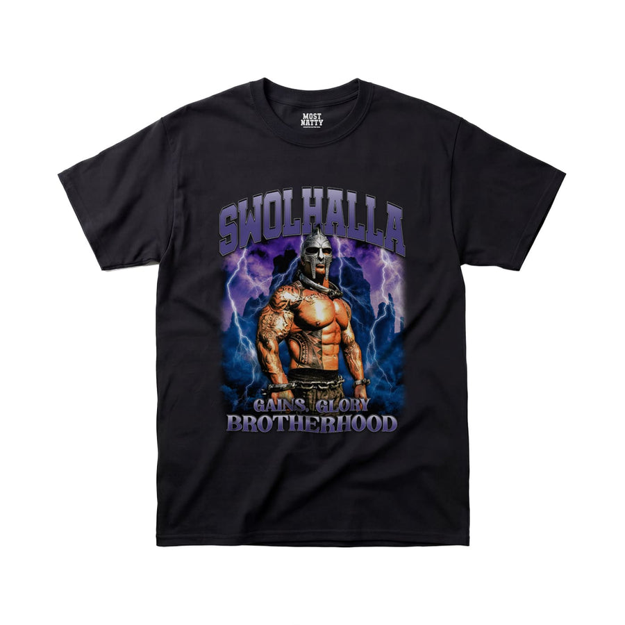 Most Natty Swolhalla gym t-shirt front flat lay on white background