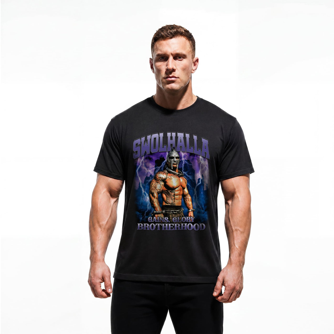 Model wearing Most Natty Swolhalla bodybuilding t-shirt showing relaxed classic fit