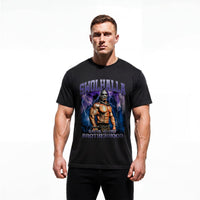 Model wearing Most Natty Swolhalla bodybuilding t-shirt showing relaxed classic fit