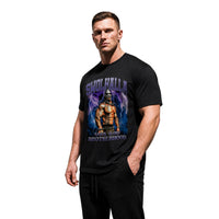 Model wearing Most Natty Swolhalla bodybuilding t-shirt showing front graphic print