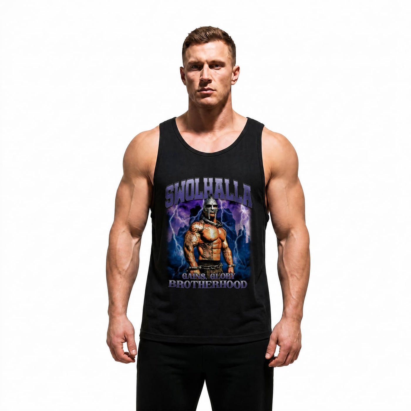 Model wearing Most Natty Swolhalla bodybuilding tank top showing relaxed standard fit