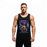 Model wearing Most Natty Swolhalla bodybuilding tank top showing relaxed standard fit