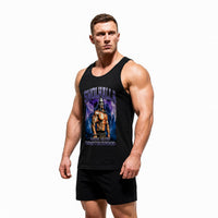 Model wearing Most Natty Swolhalla bodybuilding tank top showing front graphic print