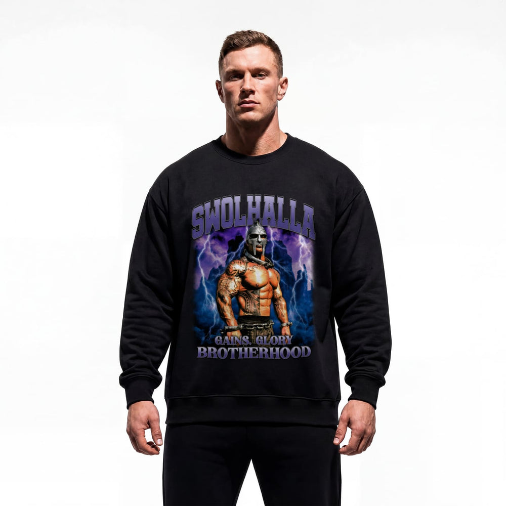 Model wearing Rich Piana Swolhalla bodybuilding pump cover crewneck showing relaxed fit