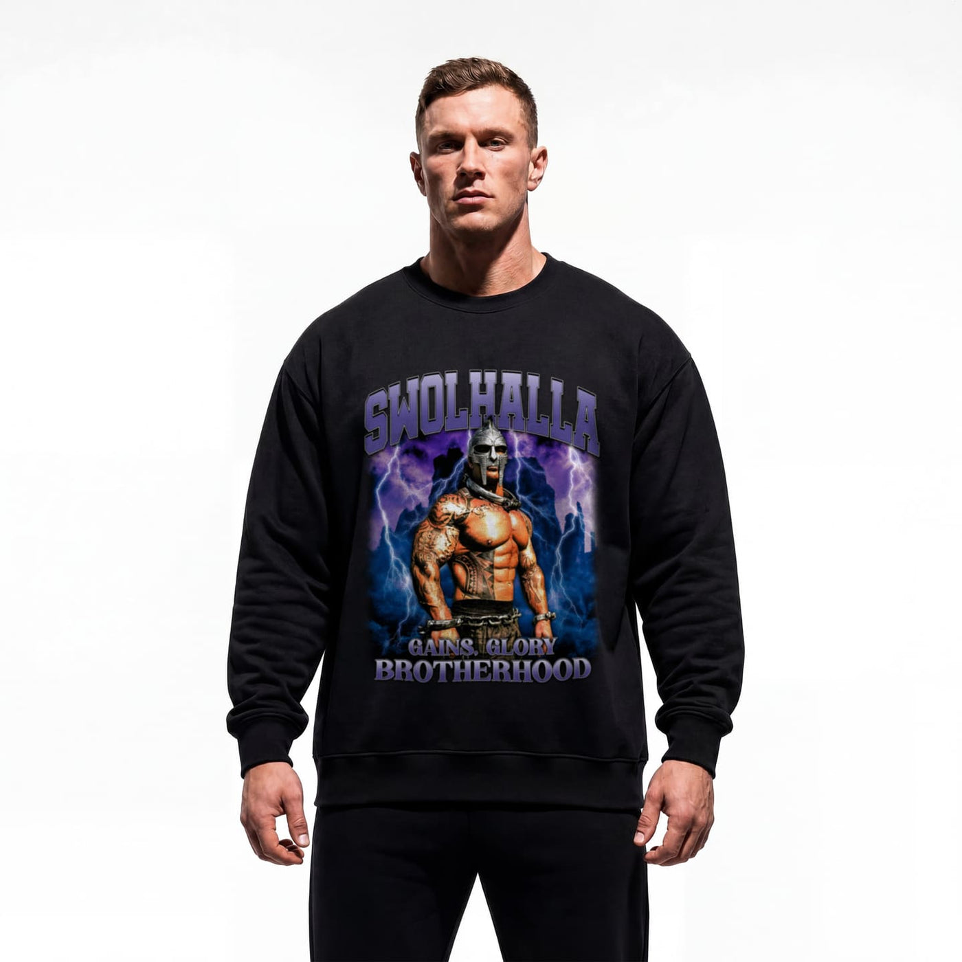 Model wearing Rich Piana Swolhalla bodybuilding pump cover crewneck showing relaxed fit