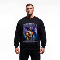 Model wearing Rich Piana Swolhalla bodybuilding pump cover crewneck showing relaxed fit