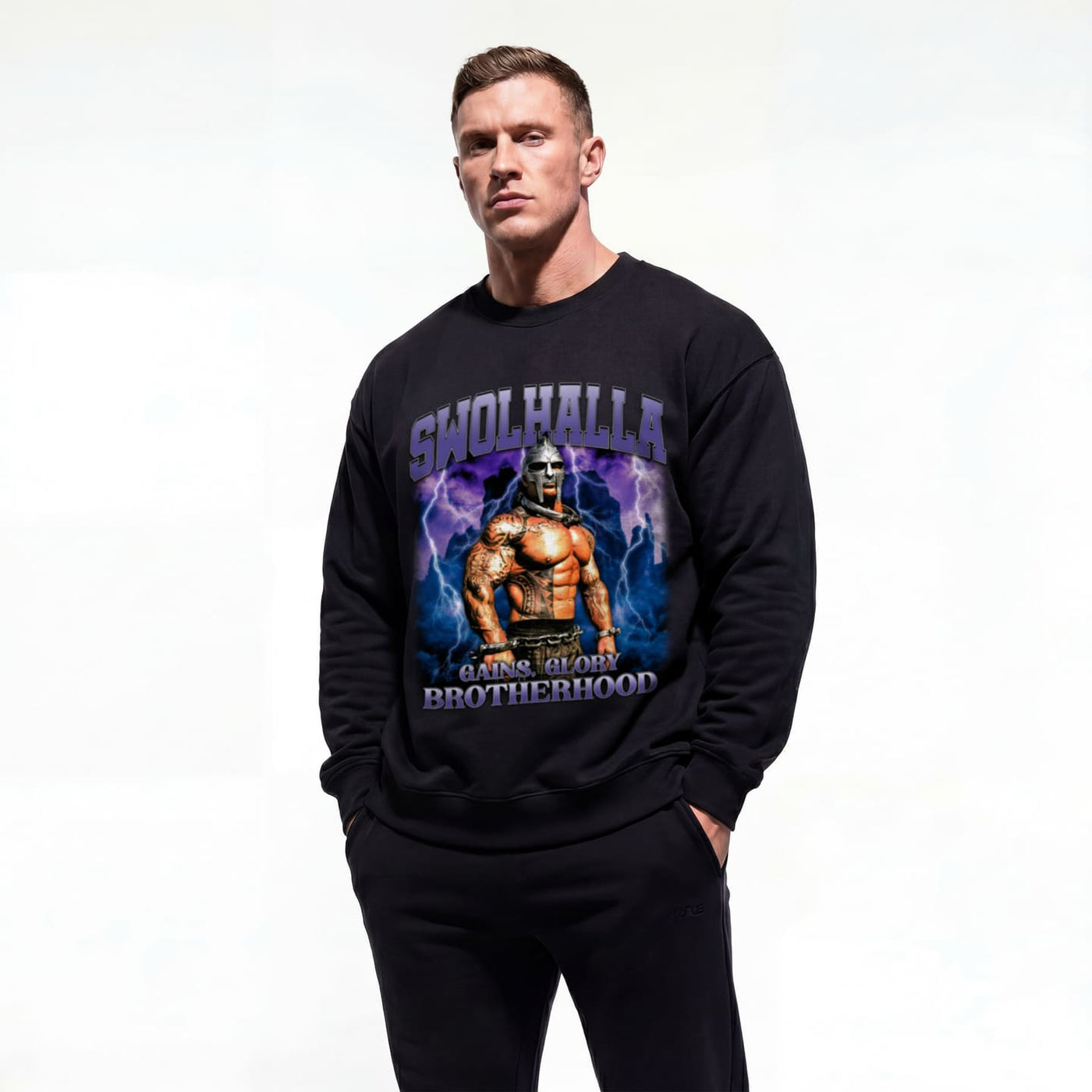Model wearing Rich Piana Swolhalla bodybuilding pump cover crewneck showing front graphic print