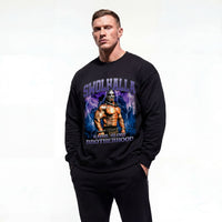 Model wearing Rich Piana Swolhalla bodybuilding pump cover crewneck showing front graphic print