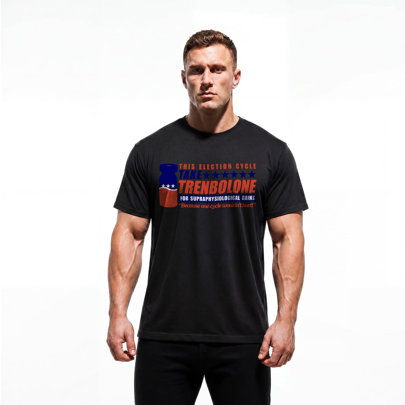 Model wearing Most Natty TAKE TREN 24 bodybuilding t-shirt showing relaxed classic fit