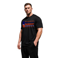 Model wearing Most Natty TAKE TREN 24 bodybuilding t-shirt showing front graphic print