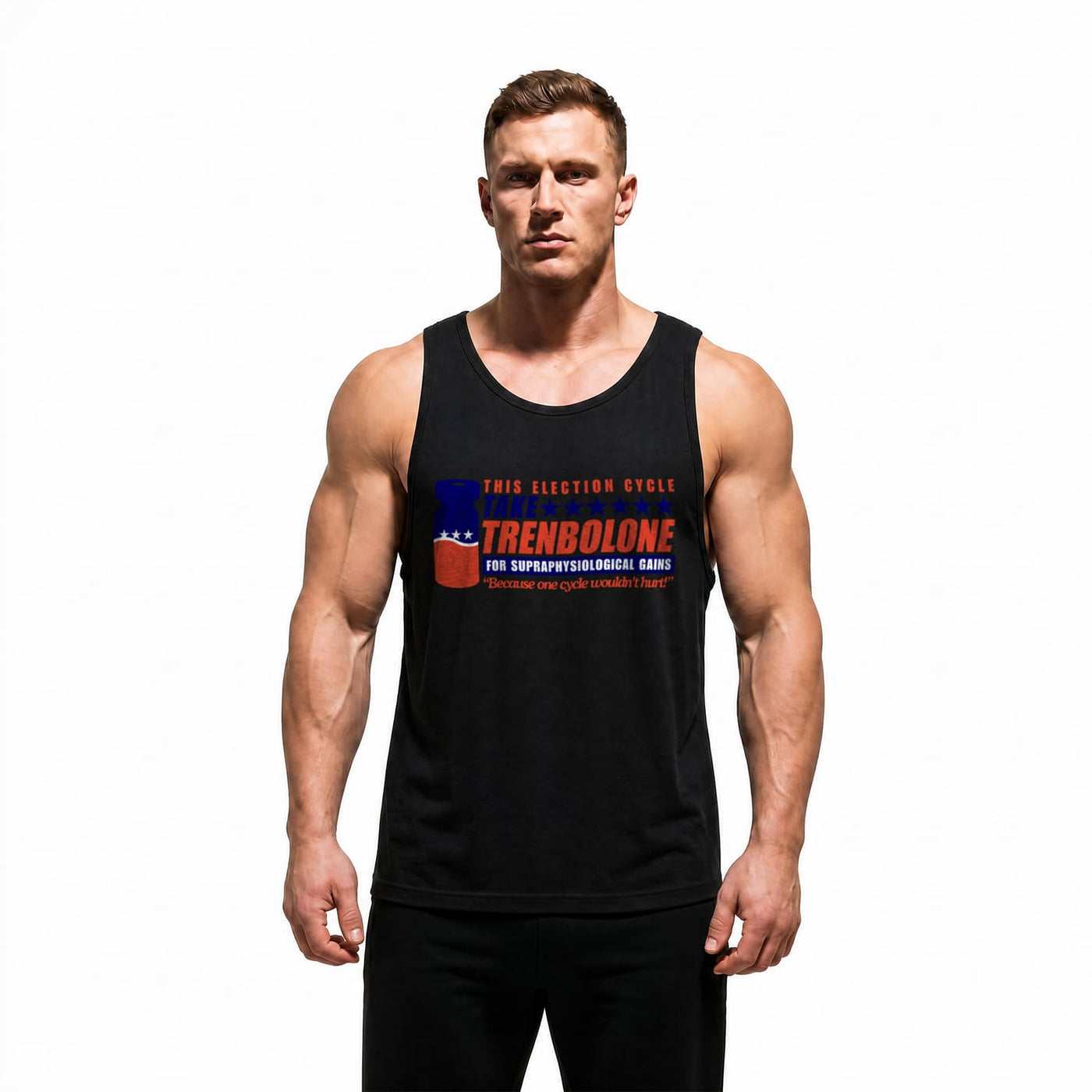 Model wearing Most Natty TAKE TREN 24 bodybuilding tank top showing relaxed standard fit
