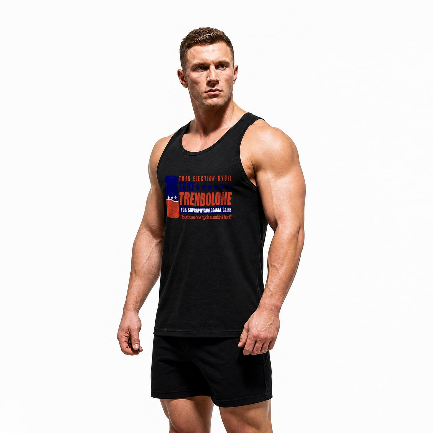 Model wearing Most Natty TAKE TREN 24 bodybuilding tank top showing front graphic print