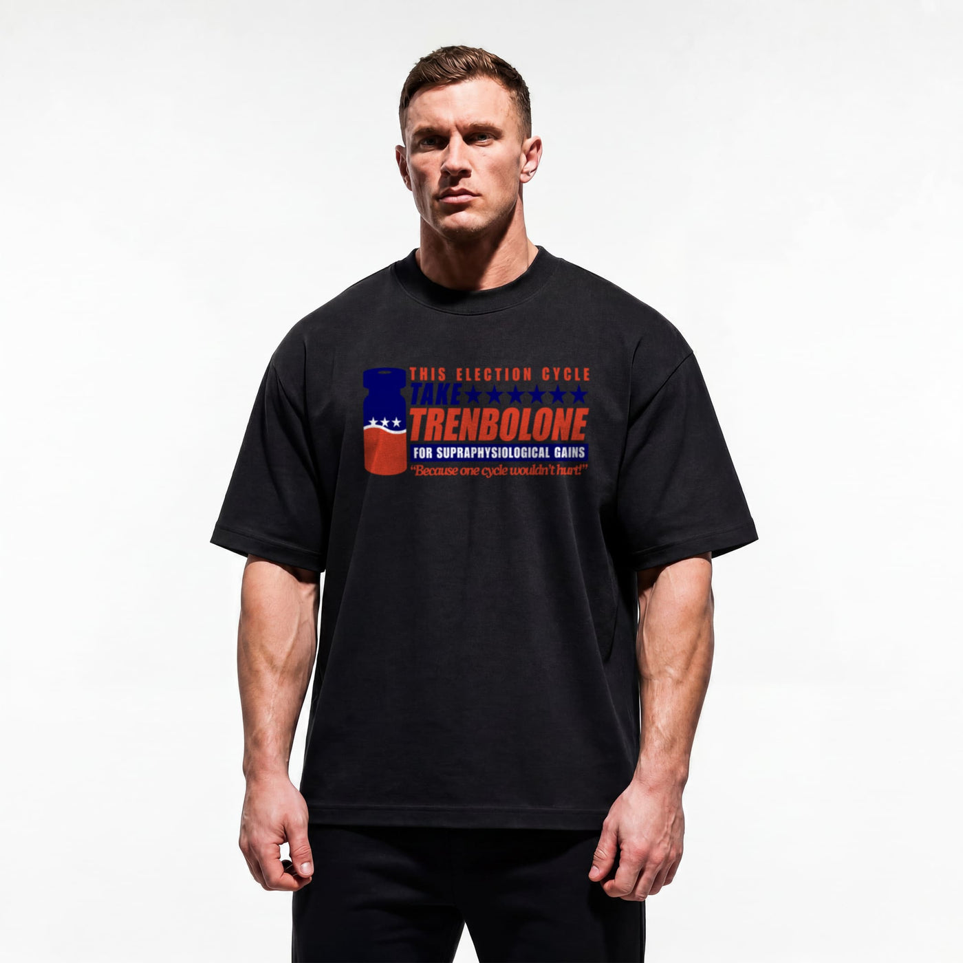 Model wearing TAKE TREN 24 bodybuilding oversized t-shirt showing relaxed drop-shoulder fit
