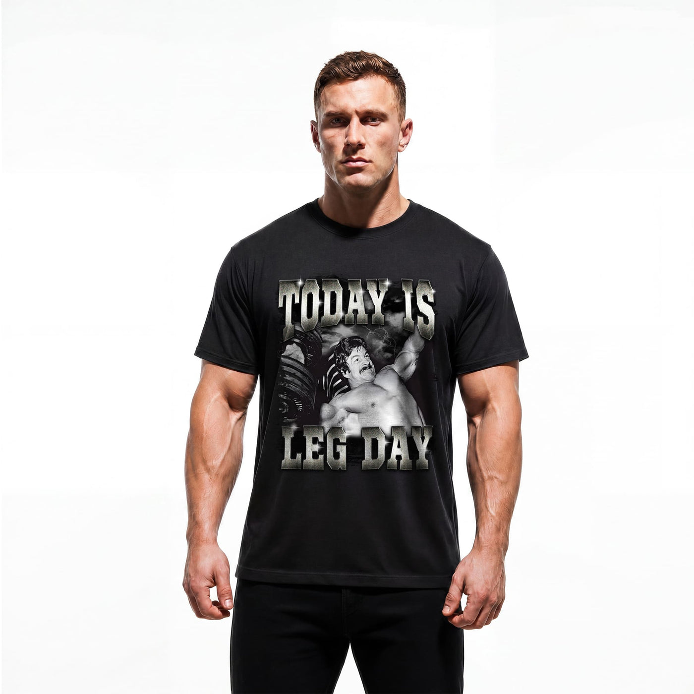 Model wearing Most Natty Today Is Leg Day bodybuilding t-shirt showing relaxed classic fit