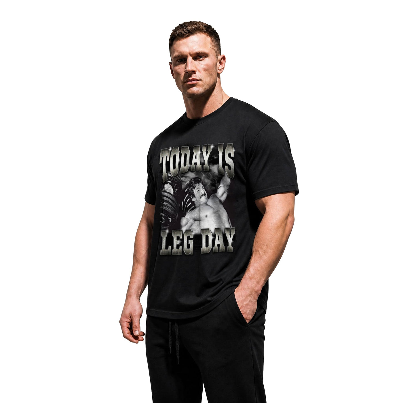Model wearing Most Natty Today Is Leg Day bodybuilding t-shirt showing front graphic print