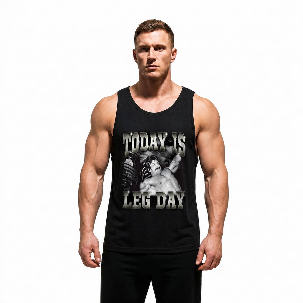 Model wearing Most Natty Today Is Leg Day bodybuilding tank top showing relaxed standard fit