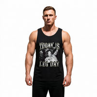 Model wearing Most Natty Today Is Leg Day bodybuilding tank top showing relaxed standard fit