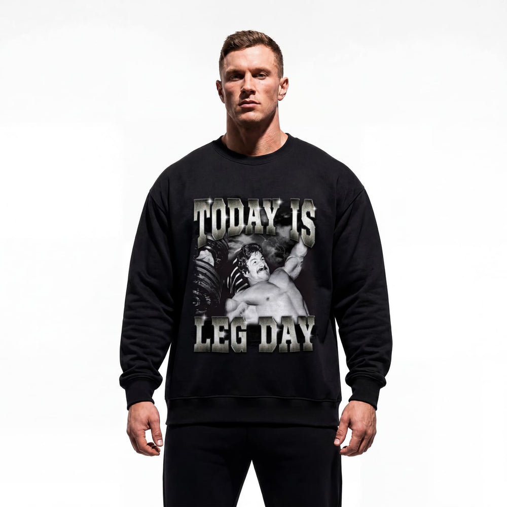 Model wearing Mike Mentzer Today Is Leg Day bodybuilding pump cover crewneck showing relaxed fit