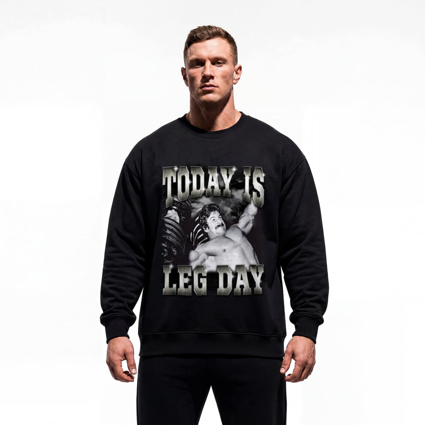 Model wearing Mike Mentzer Today Is Leg Day bodybuilding pump cover crewneck showing relaxed fit