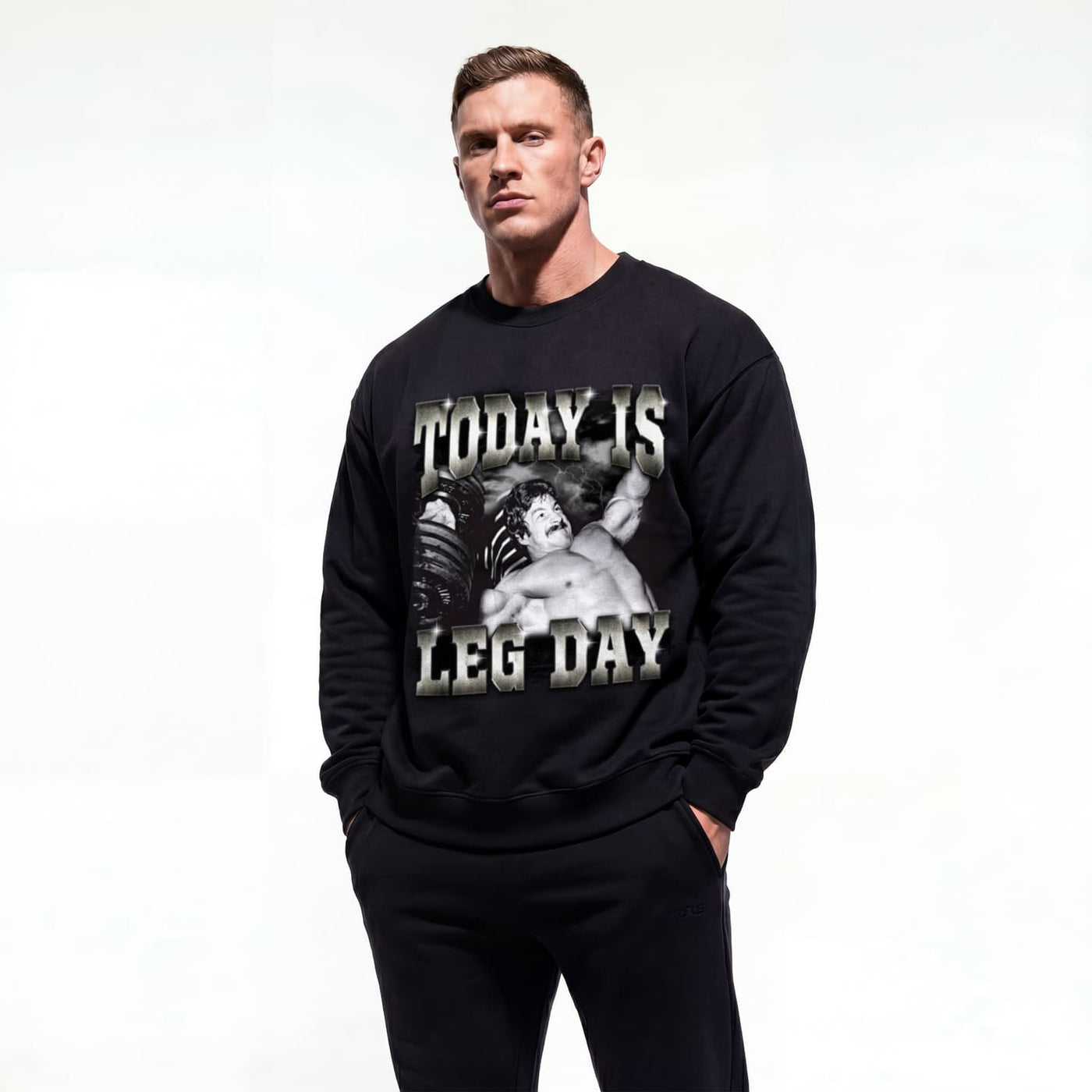 Model wearing Mike Mentzer Today Is Leg Day bodybuilding pump cover crewneck showing front graphic print