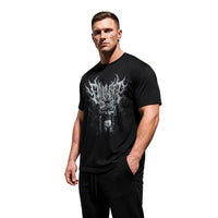 Model wearing Most Natty Final Rep bodybuilding t-shirt showing front graphic print