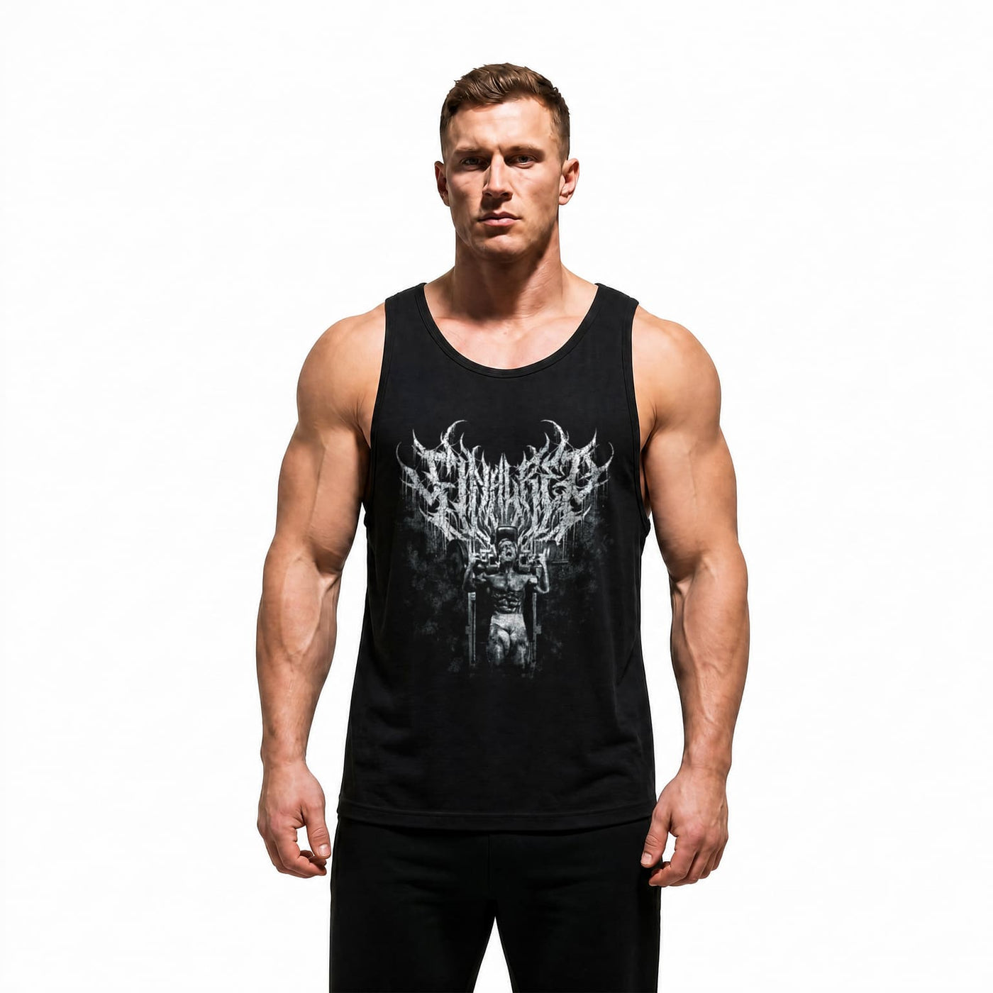 Model wearing Most Natty Final Rep bodybuilding tank top showing relaxed standard fit