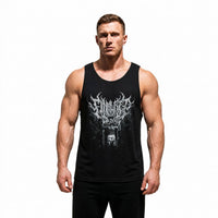Model wearing Most Natty Final Rep bodybuilding tank top showing relaxed standard fit