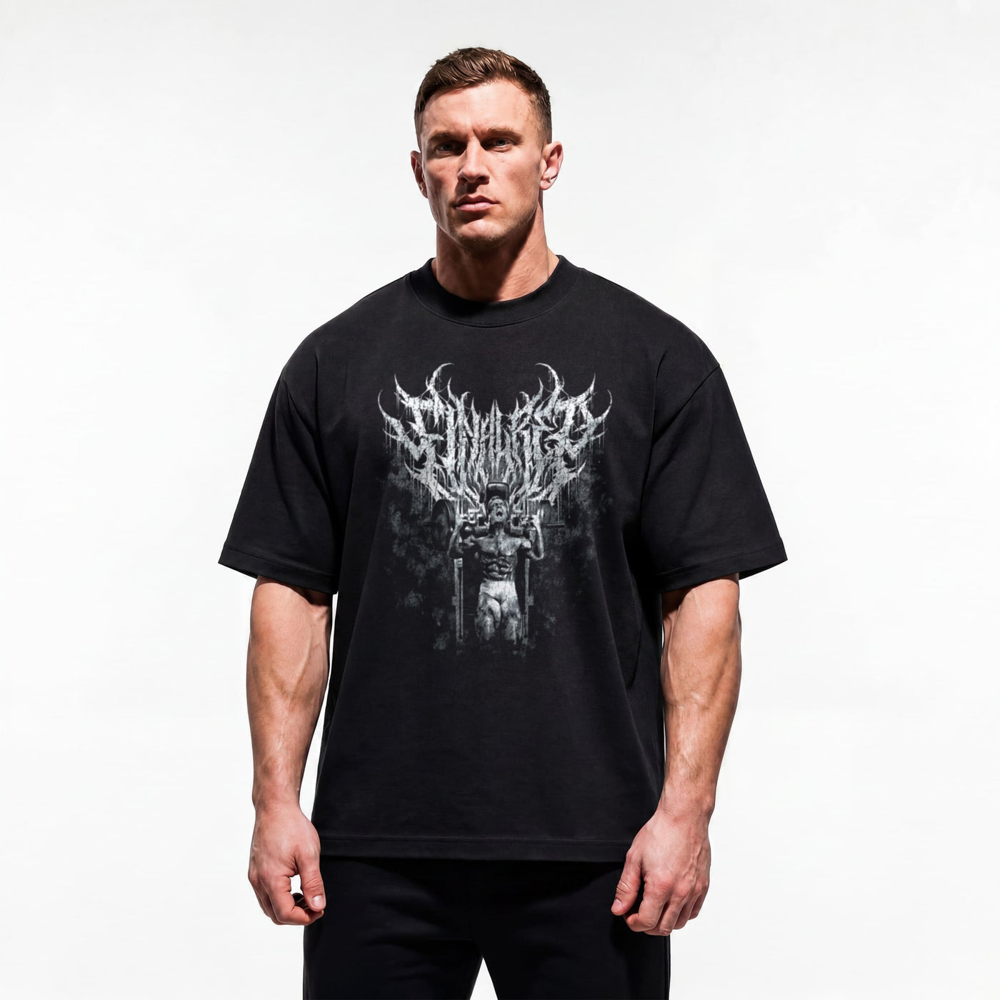 Model wearing Most Natty Final Rep bodybuilding oversized t-shirt featuring Tom Platz showing relaxed drop-shoulder fit