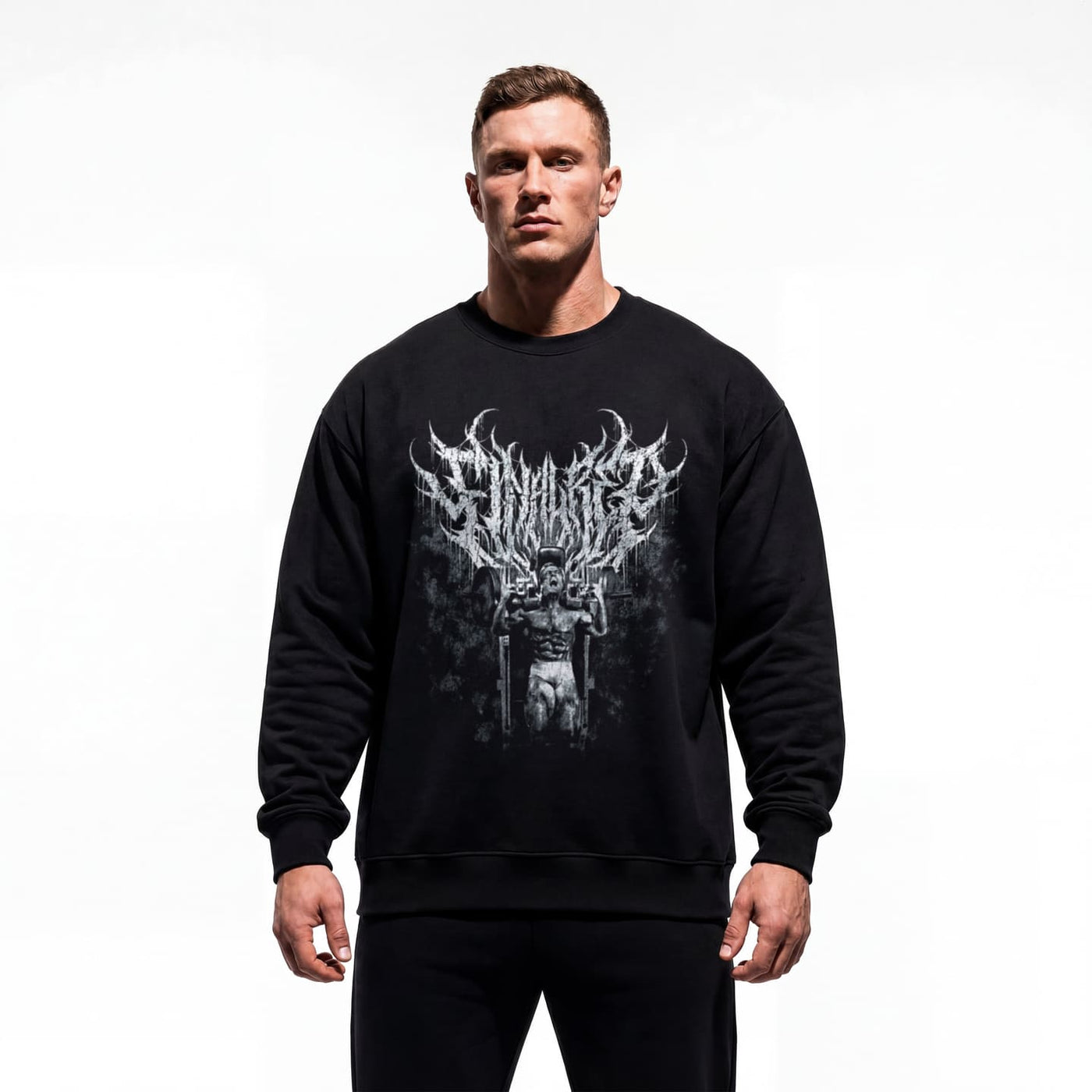 Model wearing Tom Platz Final Rep bodybuilding pump cover crewneck showing relaxed fit