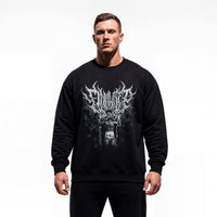 Model wearing Tom Platz Final Rep bodybuilding pump cover crewneck showing relaxed fit