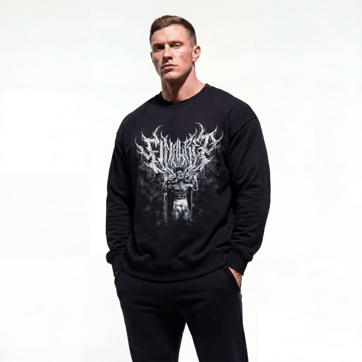 Model wearing Tom Platz Final Rep bodybuilding pump cover crewneck showing front graphic print
