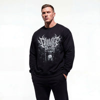 Model wearing Tom Platz Final Rep bodybuilding pump cover crewneck showing front graphic print