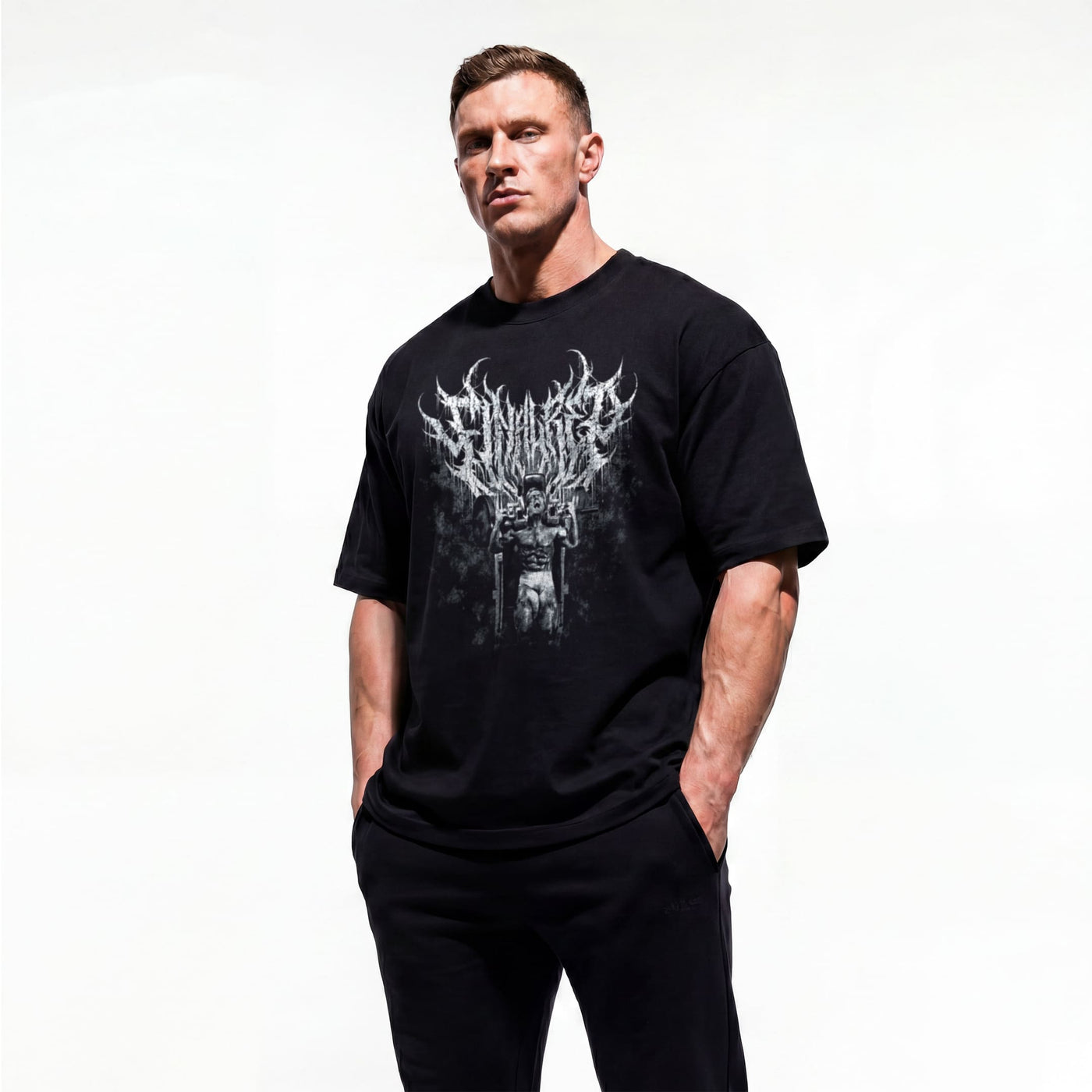 Model wearing Most Natty Final Rep bodybuilding oversized t-shirt showing front graphic print